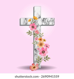 Cruz de mármol con diseño de flores sobre fondo de color dulce.