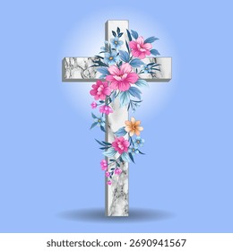 Cruz de mármol con diseño de flores sobre fondo de color dulce.