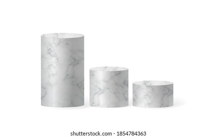 Marble cylinder podium scene, winner pedestal. White marble cylinder template for showroom podium scene. Vector white pedestal for product presentation