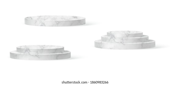 Marble cylinder podium scene, winner pedestal. White marble cylinder template for showroom podium scene. Vector white pedestal for product presentation