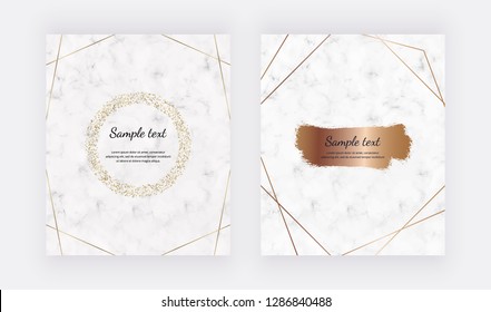 Marble design cards with golden circle confetti frame and rose gold lines and brush stroke. Trendy templates for banner, flyer, poster, save the date, greeting
