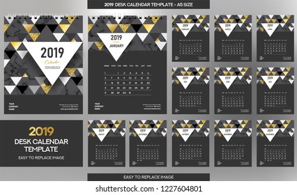 Marble Desk Calendar 2019 template - 12 months included - A5 Size 