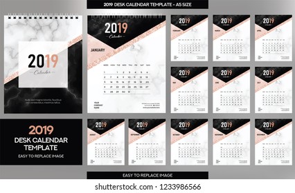 Marble Desk Calendar 2019 template - 12 months included - A5 Size 