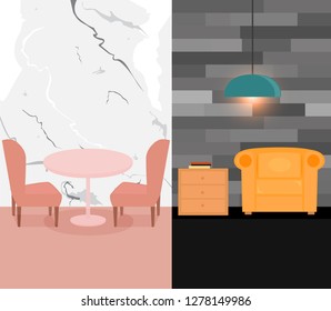 Marble dining area and vintage room with grey brick