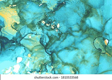 Marble effect blue, green, gold stone texture. Alcohol ink oriental technique abstract vector background. Modern paint in natural colors with glitter. Banner, poster design template.