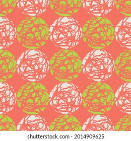 Marble effect circles vector seamless pattern background. Geometric grid of marbling stencil style circle round shapes in tropical green, coral pink, white. Abstract texture repeat for packaging