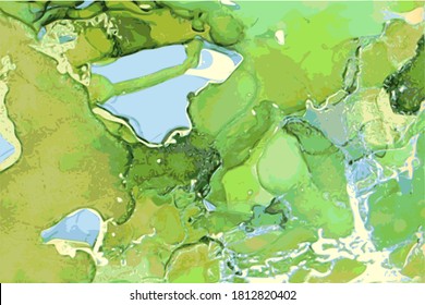 Marble effect emerald, green, gold stone texture. Alcohol ink oriental technique abstract vector background. Modern paint in natural colors with glitter. Banner, poster design template.