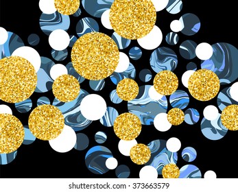 Marble effect and golden glitter circles background. Material design. Black vector illustration. Unusual marble texture. Trendy glitter background. Golden sparkles. Golden glitter wallpaper.