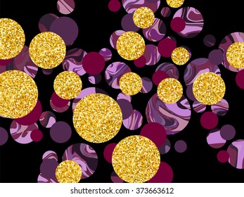 Marble effect and golden glitter circles background. Material design. Black vector illustration can be used for web design, surface textures, wallpapers and printed products.