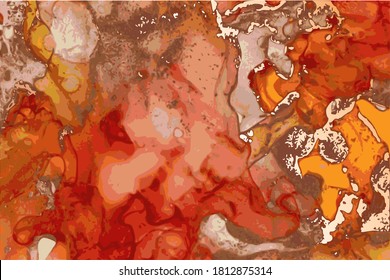 Marble effect red and gold stone texture. Alcohol ink oriental technique abstract vector background. Modern paint in natural colors with glitter. Banner, poster design template.