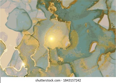 Marble effect teal, grey, gold stone texture. Alcohol ink oriental technique abstract vector background. Modern paint in natural colors with glitter. Banner, poster design template.