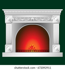 Marble fireplace with fire burning, firewood. Vector illustration.