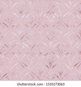 Marble fishnet. Geometric glitter tile. Seamless pattern rose gold. Beautiful golden fan tiles. Background sparkle lines lattice. Design elegant gold foil. Abstract wonderful stylish texture. Art deco