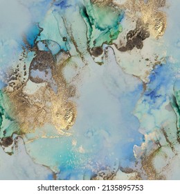 Marble Foil Water Color. Gold Abstract Background. Green Art Paint. Metal Vector Ink Watercolor. Blue Marble Watercolor. Geode Seamless Pattern. Luxury Seamless Template. Golden Alcohol Ink Marble.