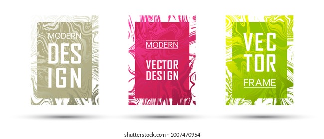 Marble frame vector design set.  Liquid gift or business cards, party flyers, invitations, sale ads design templates. Gradient marble texture vector. Frame for text, modern fluid graphics.