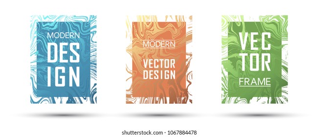 Marble frame vector design set.  Memphis gift vouchers, business cards, party flyers, invitations, music postes templates. Gradient marble texture vector. Text frames, modern fluid graphics.
