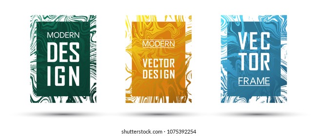Marble frame vector design set.  Vivid gift or business cards, party flyers, invitations, covers design templates. Gradient marble texture vector. Frame for text, modern fluid graphics.