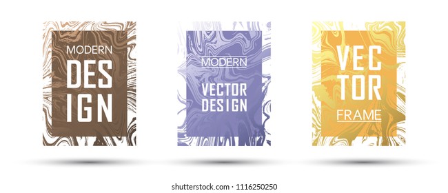 Marble frame vector design set.  Memphis gift or business cards, party flyers, invitations, music postes design templates. Gradient marble texture vector. Frame for text, modern fluid graphics.