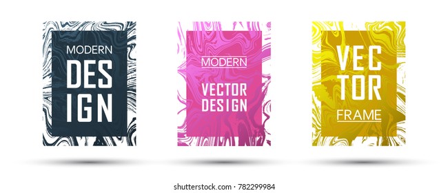 Marble frame vector design set.  Memphis gift or business cards, party flyers, invitations, music postes design templates. Gradient marble texture vector. Frame for text, modern fluid graphics.