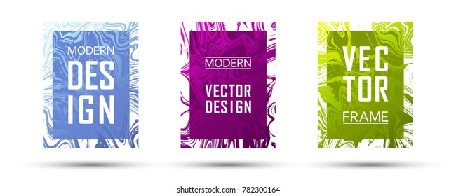 Marble frame vector design set.  Painted gift or business cards, party flyers, invitations, sale ads design templates. Gradient marble texture vector. Frame for text, modern fluid graphics.