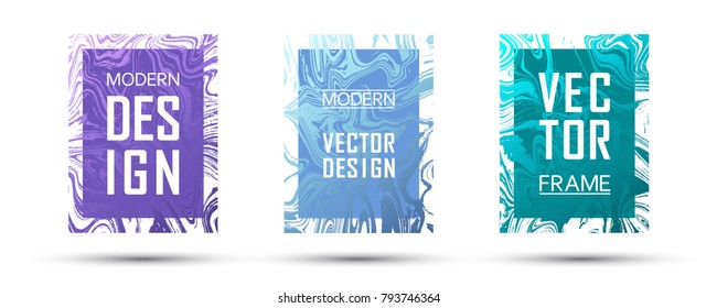 Marble frame vector design set.  Vibrant gift or business cards, party flyers, invitations, sale ads design templates. Gradient marble texture vector. Frame for text, modern fluid graphics.