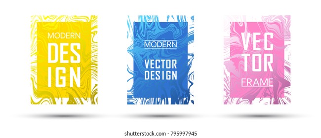 Marble frame vector design set.  Funky gift or business cards, party flyers, invitations, music postes design templates. Gradient marble texture vector. Frame for text, modern fluid graphics.