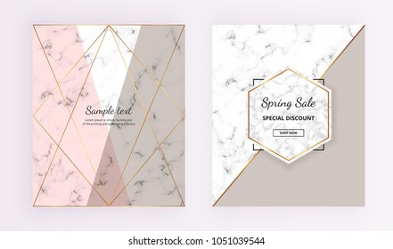 Marble geometric cover designs. Pink, grey, gold lines background. Trendy template for designs banner, card, flyer, invitation, party, birthday, wedding, placard, magazine,  website
