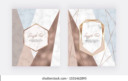Marble geometric design with pink and blue triangular, rose gold foil texture, polygonal lines and frames. Modern background for wedding invitation, banner, card, flyer, poster, save the date
