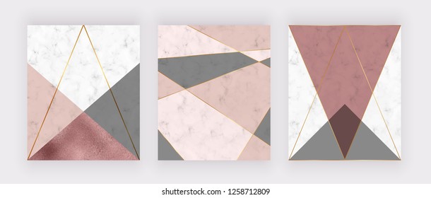 Marble geometric design with pink and grey triangular, rose gold foil texture, polygonal lines. Modern background for wedding invitation, banner, card, flyer, poster, save the date