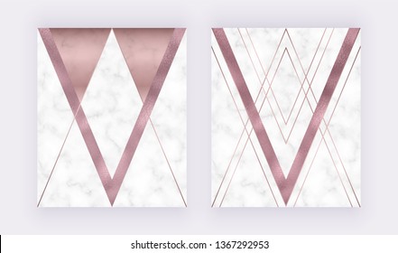 Marble geometric design with pink and grey triangular, rose gold foil texture, polygonal lines. Modern background for wedding invitation, banner, card, flyer, poster, save the date
