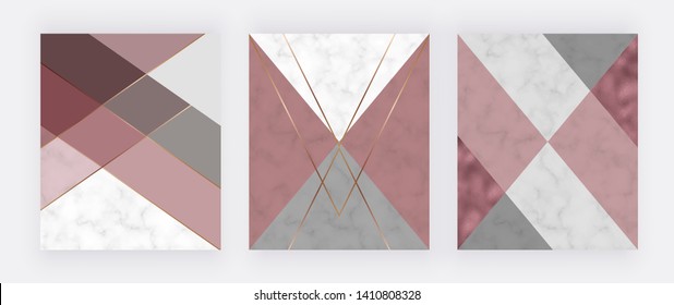 Marble geometric design with pink and grey triangular, rose gold foil texture, polygonal lines. Modern background for wedding invitation, banner, card, flyer, poster, save the date
