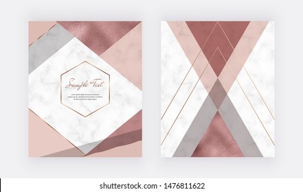 Marble geometric design with pink and grey triangular, rose gold foil texture, polygonal lines. Modern background for wedding invitation, banner, card, flyer, poster, save the date
