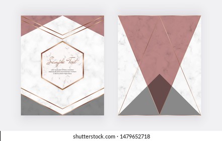 Marble geometric design with pink and grey triangular, golden polygonal lines. Modern background for wedding invitation, banner, card, flyer, poster, save the date
