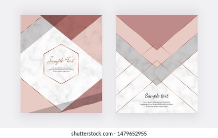 Marble geometric design with pink and grey triangular, golden polygonal lines. Modern background for wedding invitation, banner, card, flyer, poster, save the date

