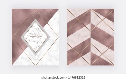 Marble geometric design with pink triangular, rose gold foil texture, polygonal lines. Modern background for wedding invitation, banner, card, flyer, poster, save the date
