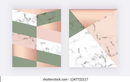 Marble geometric design with rose gold and green shapes. Modern templates for wedding invitation, banner, logo, card, flyer, poster, save the date
