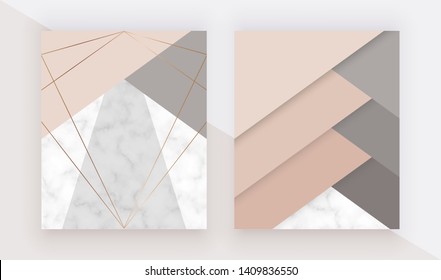 Marble geometric design with triangular, gold polygonal lines. Modern background for wedding invitation, banner, card, flyer, poster, save the date
