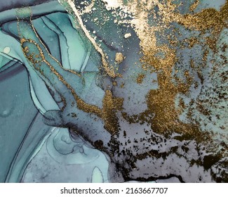 Marble Gold Alcohol Ink. Luxury Vector Painting. Gray Marble Art Watercolor. Fluid Gold Texture. Marble Elegant Golden Vector. Gold Grain Ink Paint. Gold Glitter Watercolor. Teal Gradient Background