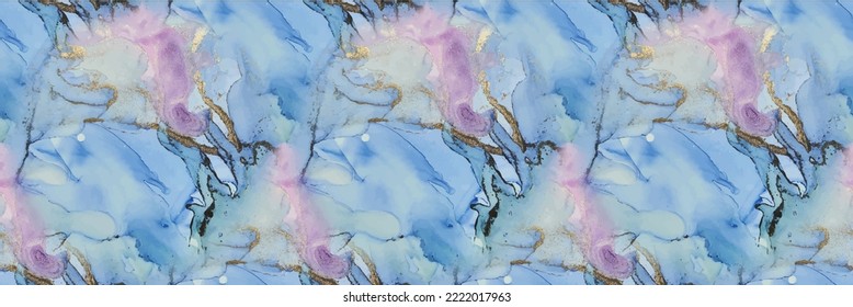 Marble Gold Alcohol Ink. Pink Ink Paint. Violet Vector Ink Watercolor. Purple Water Color Repeat. Lilac Marble Art Background. Vector Seamless Painting Blue Seamless Watercolor. Geode Blue Glitter.