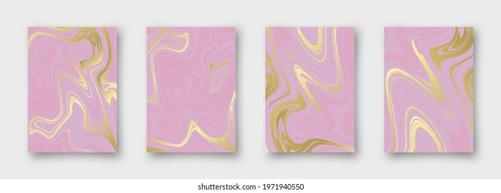 Marble with gold and pink texture background vector illustration set. 4 simple delcate templates