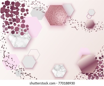 Marble gold rose geometric poster template or background in trendy minimalist style with stone, hexagon, foil, glitter, metallic textures, vector illustration