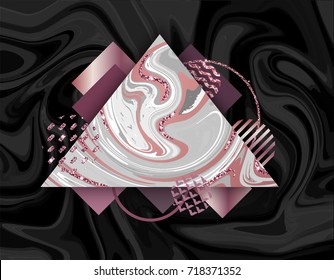 Marble gold rose poster template or background in trendy minimalist geometric style with stone, foil, glitter, metallic textures, vector illustration