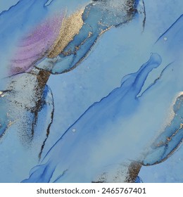 Tinta de Vector de oro de mármol. Acuarela de tinta de alcohol lila. Brillo azul claro. Pintura de arte azul. Tinta de mármol violeta. Mármol color agua púrpura. Fondo Oriental Rosa. Plantilla Abstractas de lujo