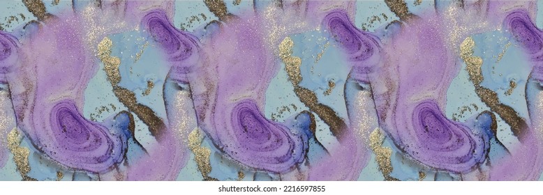 Tinta vectora de oro de mármol. Fondo De Arte De Mármol Violeta. Glitter vector fluido. Fondo del color del agua del lago. Pintura De Tinta Azul De Lujo Sin Maravilla. Repetición de tinta morada de alcohol. Acuarela Rosa Seamless.