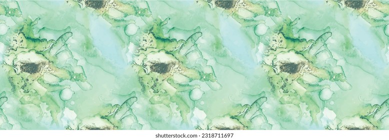 Marble Gold Water Color. Foil Marble Watercolor. Bronze Alcohol Ink Background. Vector Elegant Repeat. Golden Vector Ink Marble. Green Ink Paint. Blue Seamless Background. Modern Seamless Painting.