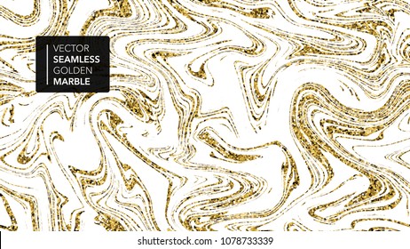 Marble gold and white texture seamless background. Abstract golden glitter marbling seamless pattern for fabric, tile, design or gift wrapping. Realistic business or wedding cover card. Vector.