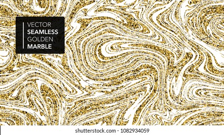 Marble gold and white texture seamless background. Abstract golden glitter marbling seamless pattern for fabric, tile, design or gift wrapping. Realistic business or wedding cover card. Vector.