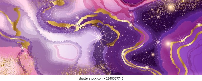 Fondo abstracto de mármol dorado, patrón brillante rosa, textura líquida de boda de onda de color. Papel pintado de piedra de agate morado, efecto inc de alcohol, ilustración de pintura de fluido húmedo. Diseño de mármol rosa