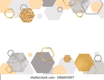 Marble golden background in trendy minimalist geometric style with stone, foil, glitter, metallic textures, hexagon, template for poster, invitation, wallpaper