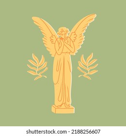 Marble golden Statue. Sculpture with wings. Antique statue of angel. Hand drawn modern Vector illustration. Cartoon style. Isolated on green background